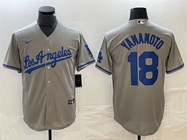 Men's Los Angeles Dodgers #18 Yoshinobu Yamamoto Grey Cool Base With Patch Stitched Baseball Jersey Men's Los Angeles Dodgers #18 Yoshinobu Yamamoto Grey Cool Base With Patch Stitched Baseball Jersey